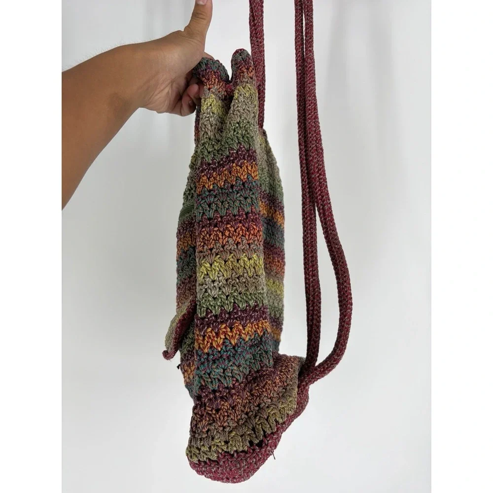 The Sak Boho Crochet Knit Backpack Bag Multicolor Striped Drawstring Purse